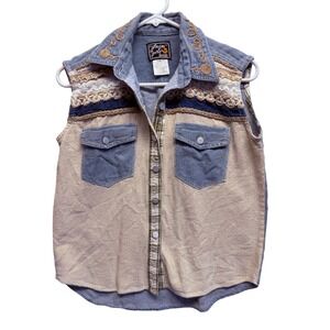 Joujou Vintage Mixed Media Sleeveless Button Up Vest Blue Beige Embroidered Boho